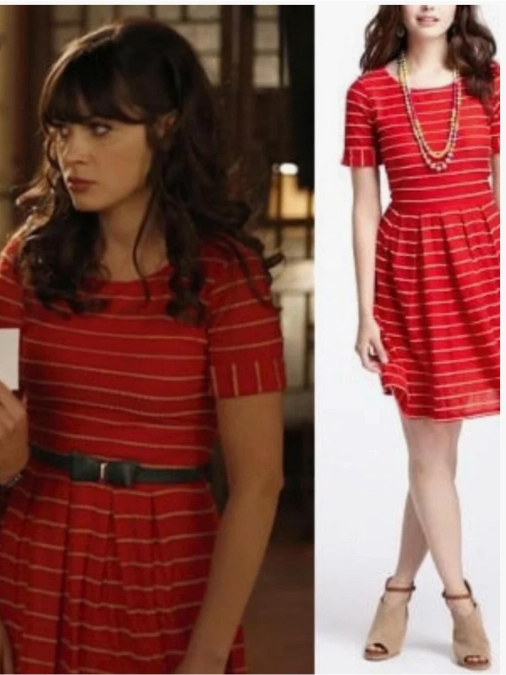 Bordeaux Anthropologie Red and Tan Striped Short-Sleeve Fit-and-Flare Dress - L